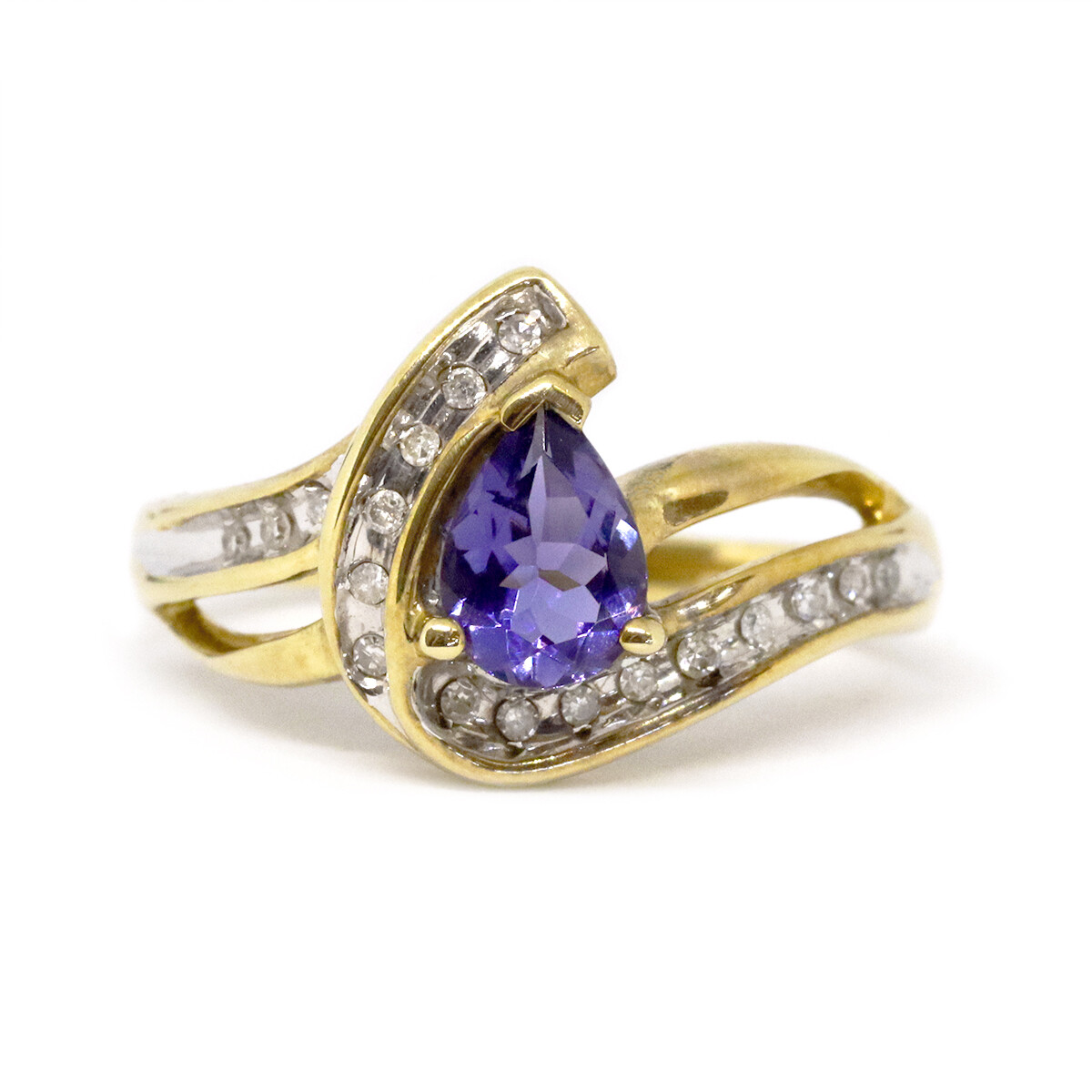 10KT TwoTone Gold Pear Tanzanite Diamond Swirl Ring