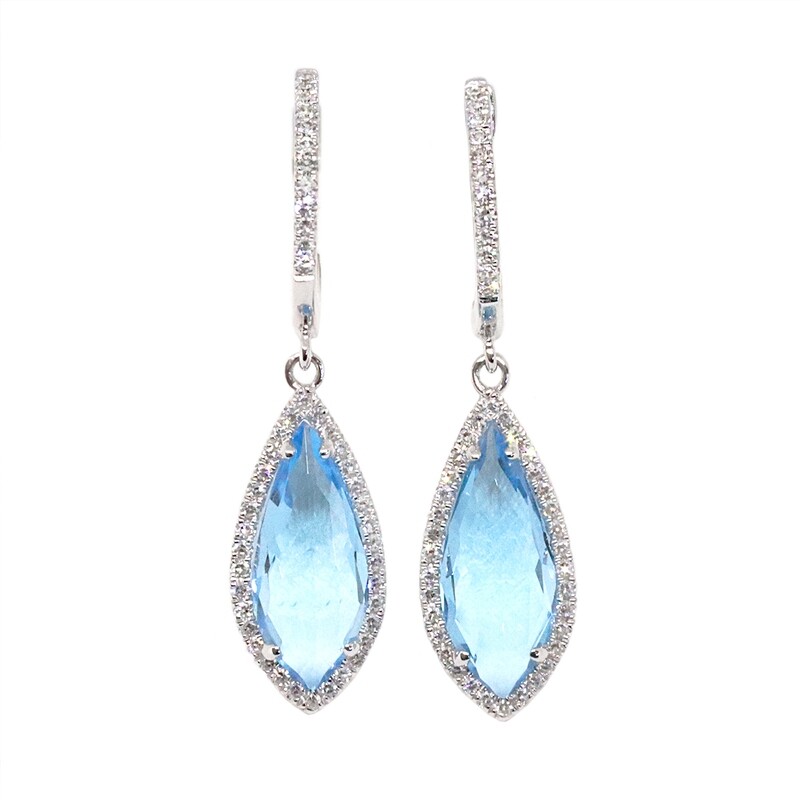 14KT White Gold Blue Topaz Diamond Halo Dangle Hoop Earrings