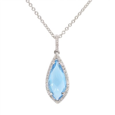 14KT White Gold Blue Topaz Diamond Halo Necklace