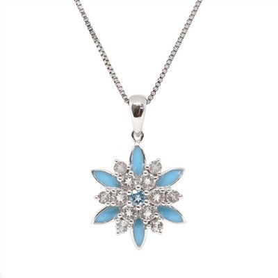 Silver Blue Topaz with Cubic Zirconia and Blue Enamel Snowflake Necklace