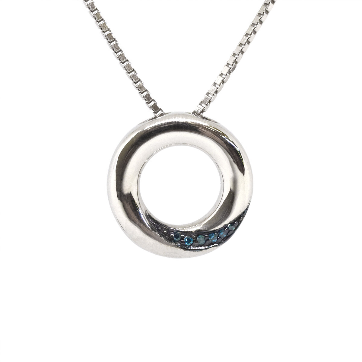 Silver Blue Diamond Twist Open Circle Necklace