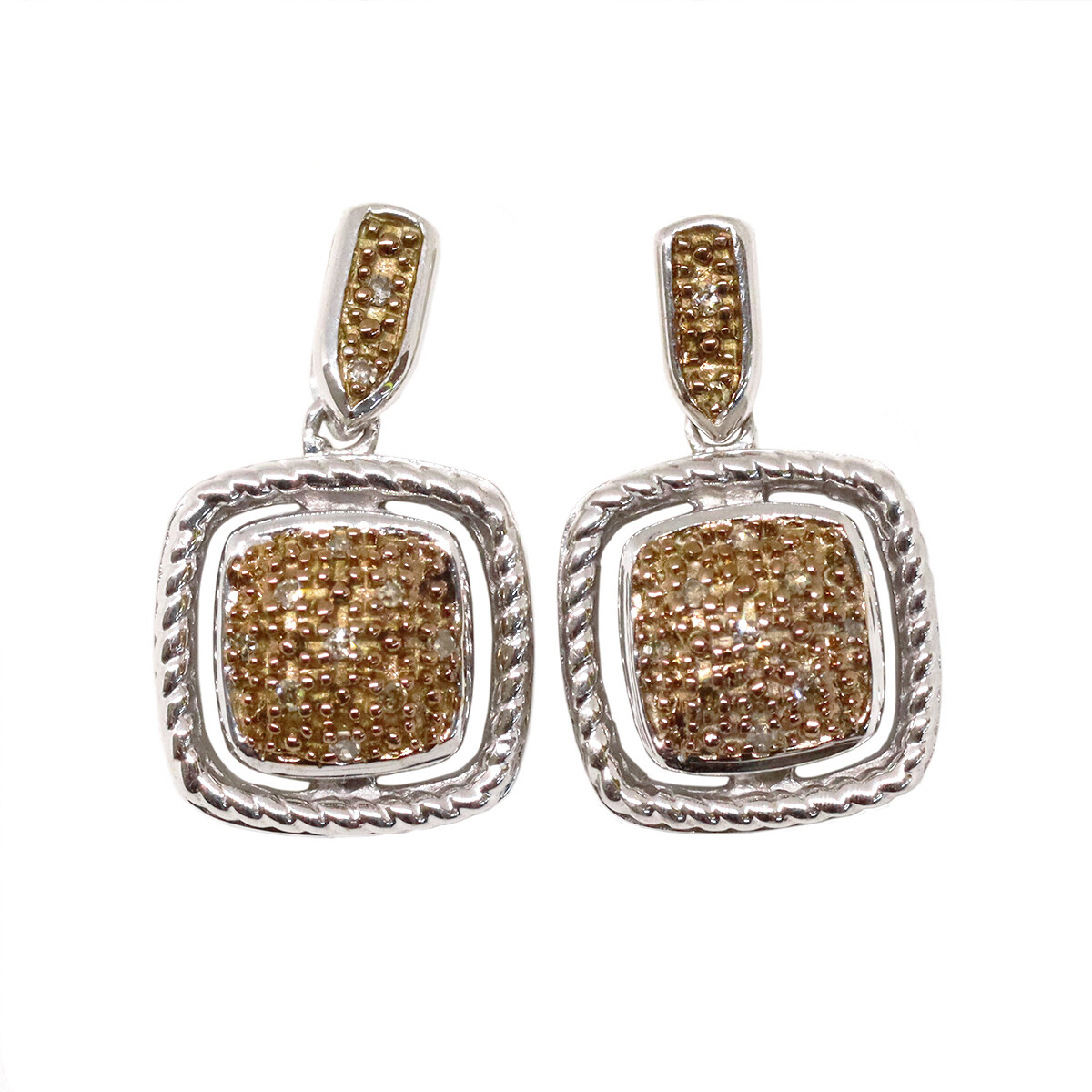 Silver Square Chocolate and White Diamond Dangle Earrings
