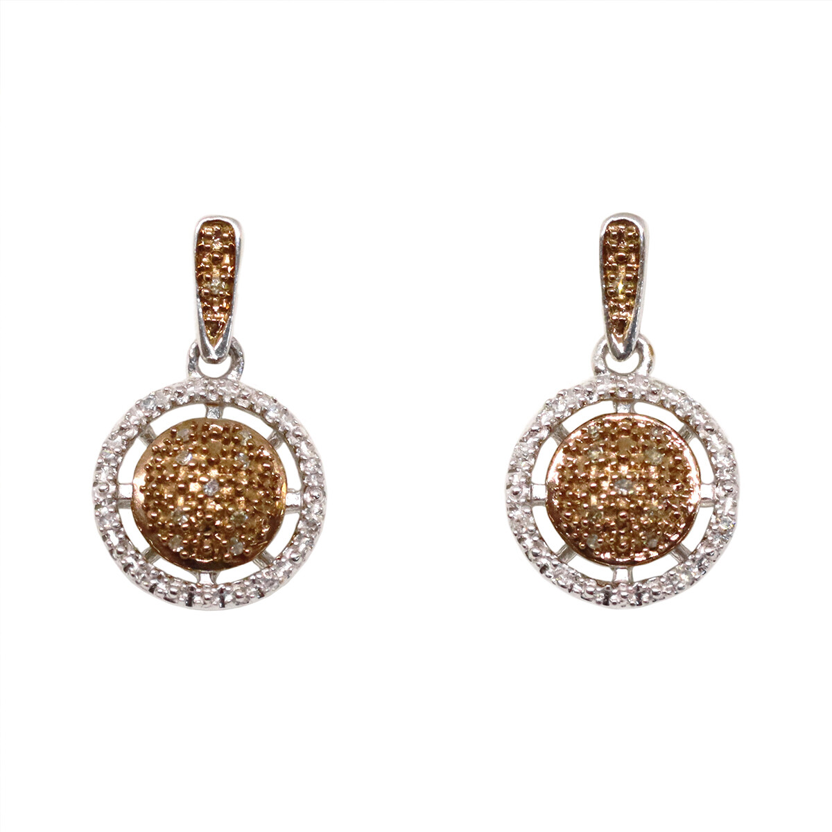 Silver White and Chocolate Diamond Circle Dangle Earrings