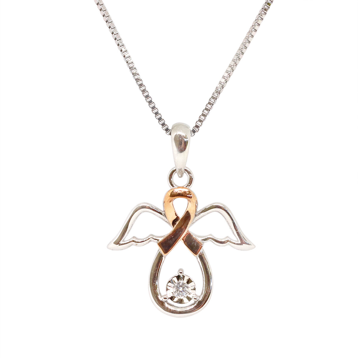 Silver TwoTone Diamond Angel with Ribbon Necklace