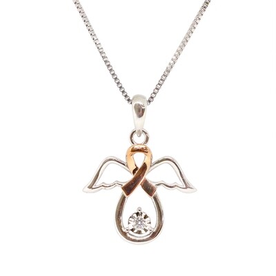 Silver TwoTone Diamond Angel with Ribbon Necklace