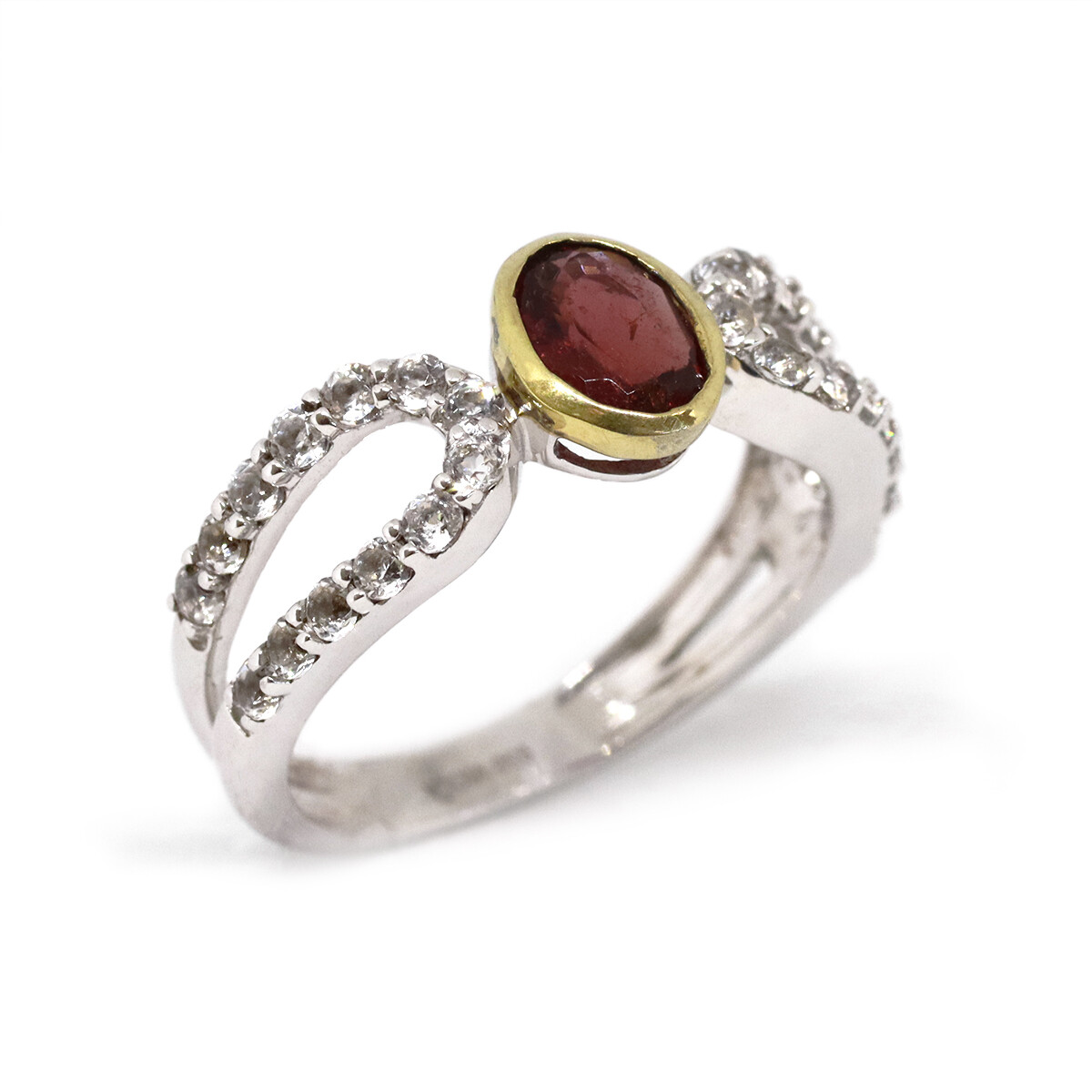 Silver TwoTone Oval Garnet White Topaz Ring