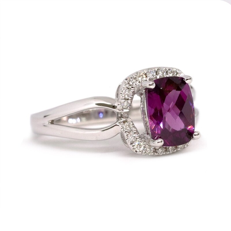 14KT White Gold Checkered Cushion Rhodolite Garnet Diamond Halo Ring