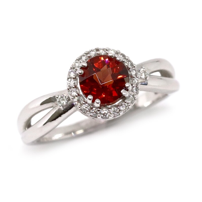 10KT White Gold Checkered Round Garnet Diamond Halo Ring
