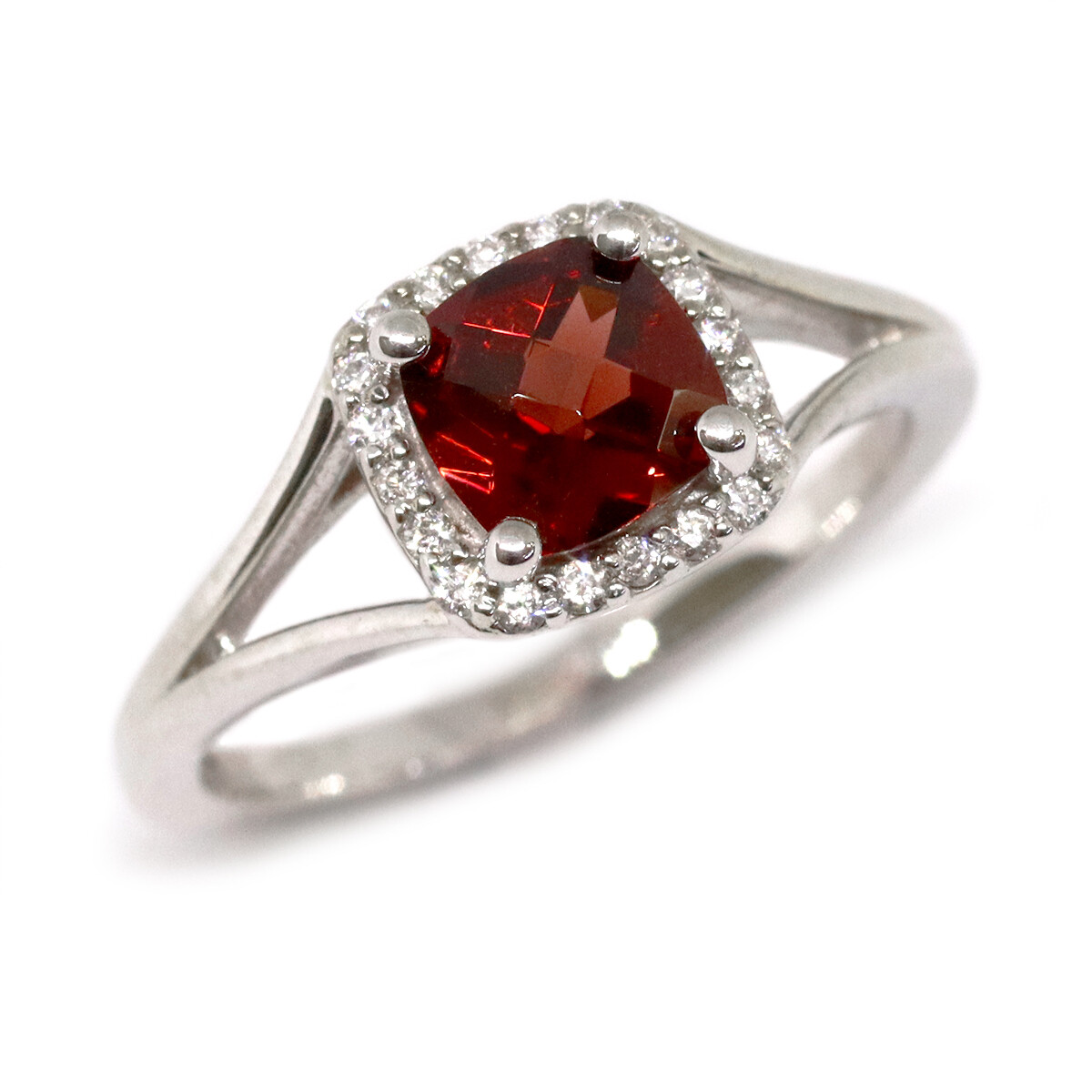 10KT White Gold Checkered Cushion Garnet Diamond Halo Ring