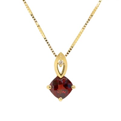 14KT Yellow Gold Checkered Square Garnet Diamond Accent Necklace