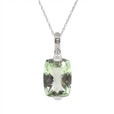 14KT White Gold Checkered Cushion Green Amethyst Diamond Accent Necklace