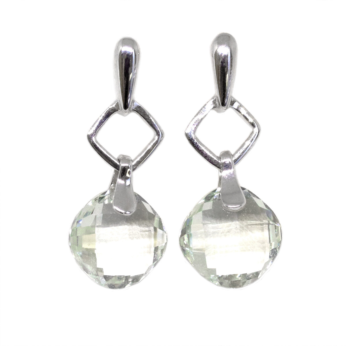 14KT White Gold Checkered Cushion Green Amethyst Dangle Earrings