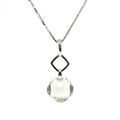 14KT White Gold Checkered Cushion Green Amethyst Dangle Necklace