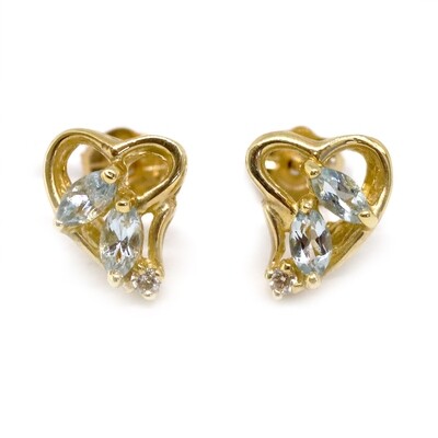 14KT Yellow Gold Dual Marquise Aquamarine with Diamond Heart Earrings