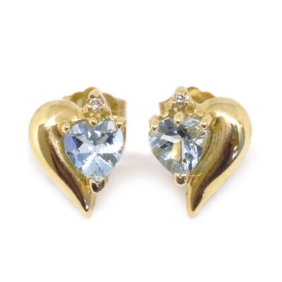 14KT Yellow Gold Heart Aquamarine with Round Diamond Earrings