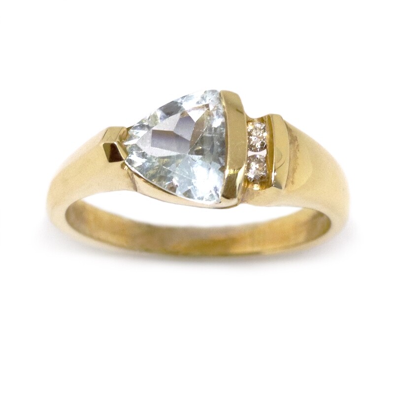 14KT Yellow Gold Trillion Aquamarine with Diamond Accent Ring