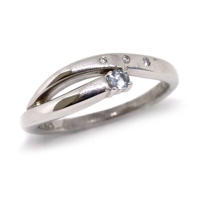Silver Round Aquamarine Two Diamond Swirl Ring
