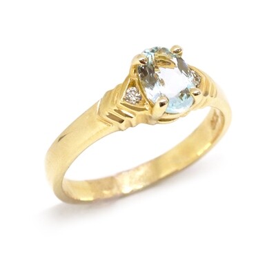 14KT Yellow Gold Oval Aquamarine with Diamond Geometric Design Ring