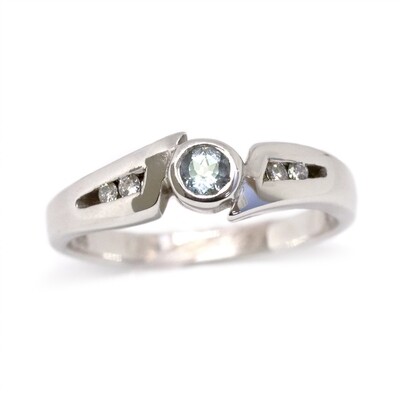 Silver Bezel Round Aquamarine Four Diamond Accent Ring