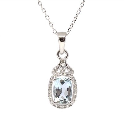 14KT White Gold Cushion Aquamarine Diamond Halo Necklace