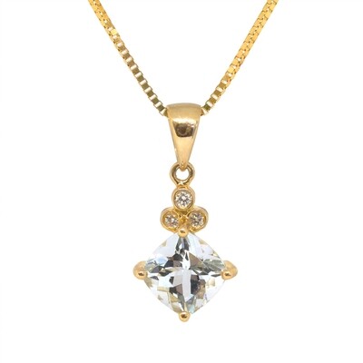 14KT Yellow Gold Square Aquamarine Three Diamond Accent Necklace