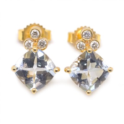 14KT Yellow Gold Square Aquamarine Six Diamond Earrings
