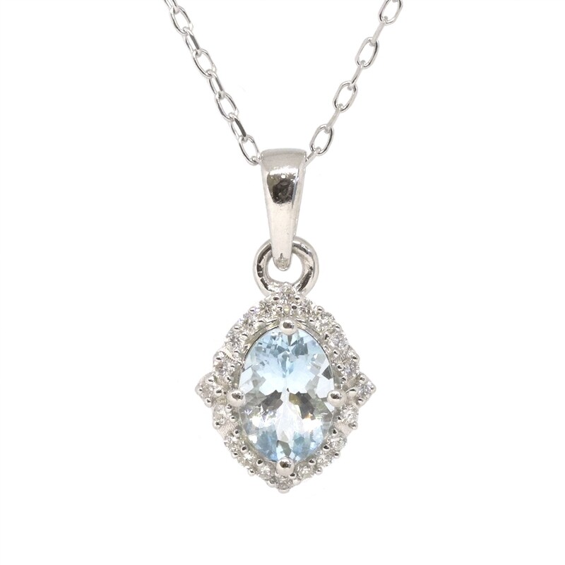 14KT White Gold Oval Aquamarine and Diamond Halo Necklace