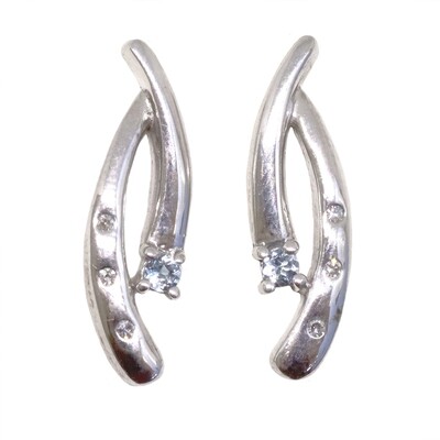 Silver Round Aquamarine Diamond Swirl Earrings