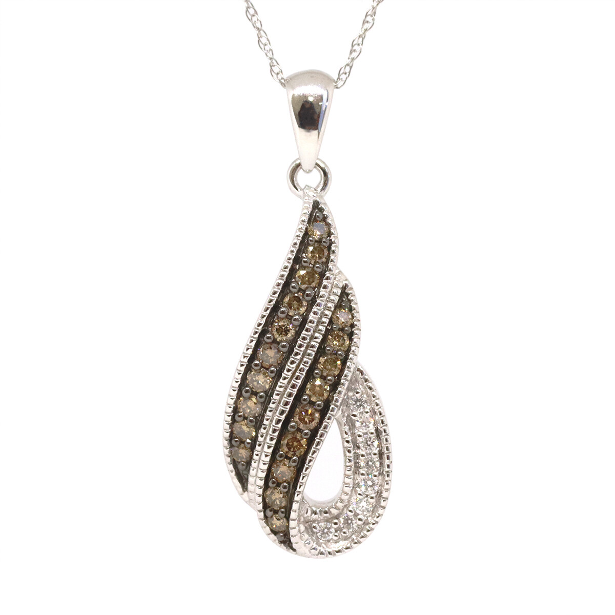 10KT White Gold Round Chocolate & White Diamond Swirl Necklace