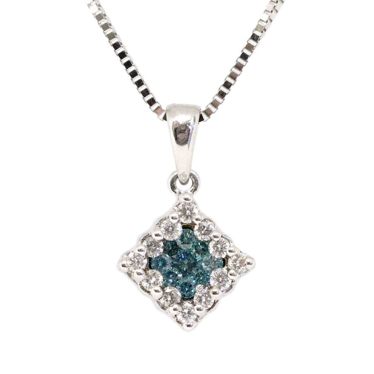 14KT White Gold Blue and White Diamond Square Necklace