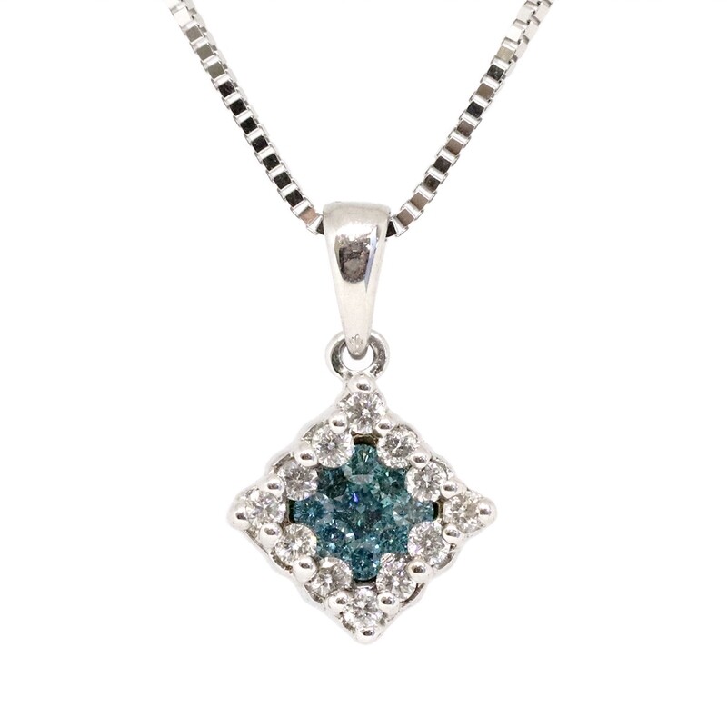 14KT White Gold Blue and White Diamond Square Necklace