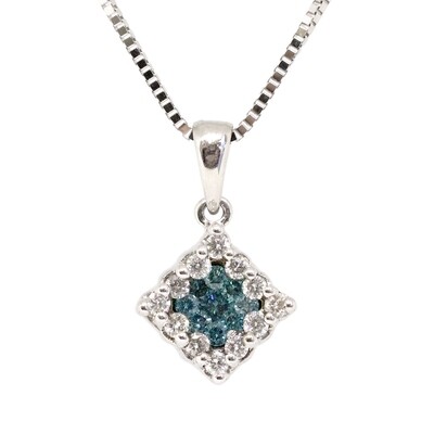 14KT White Gold Blue and White Diamond Square Necklace