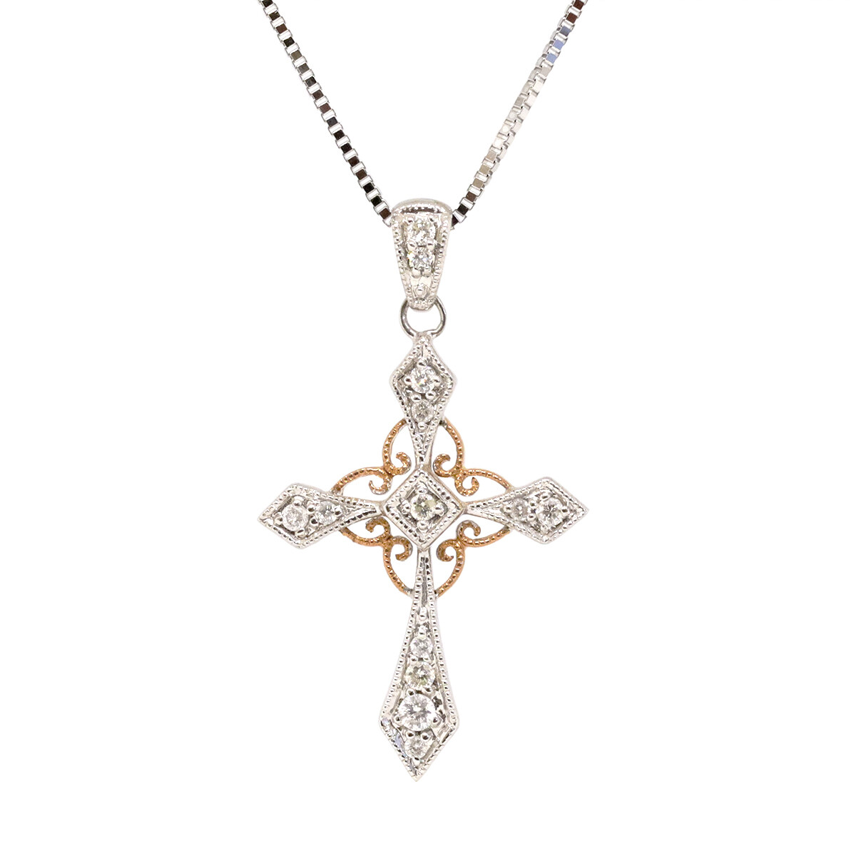 14KT TwoTone Diamond Filigree Cross Necklace
