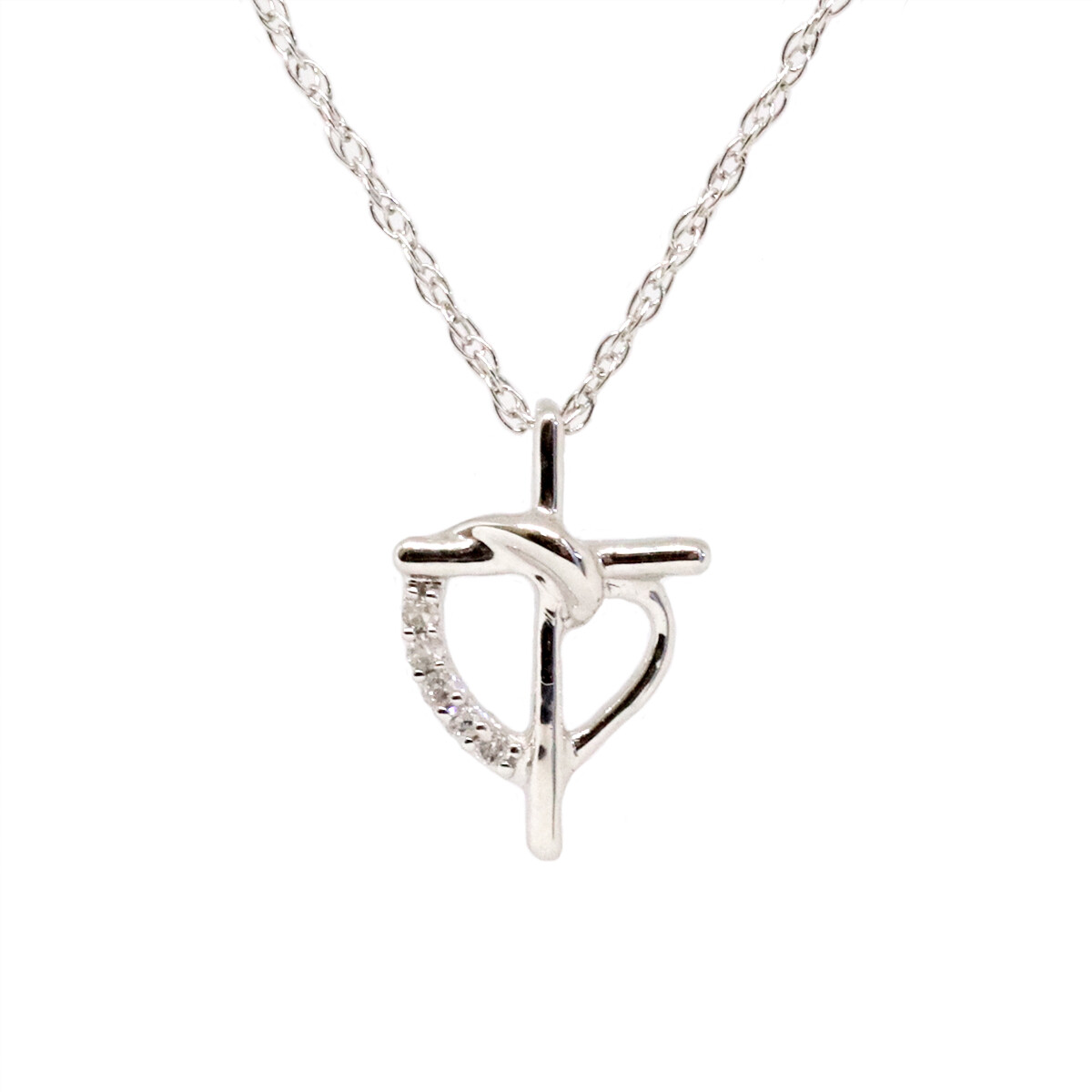 10KT White Gold Diamond Cross with Heart Necklace