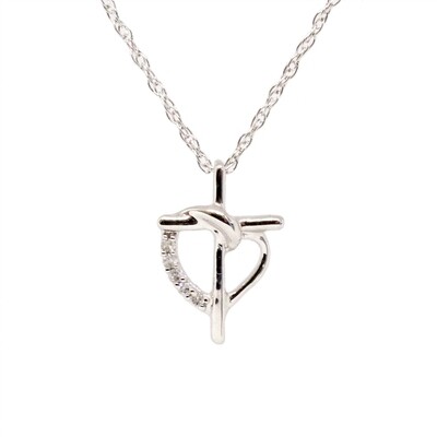 10KT White Gold Diamond Cross with Heart Necklace