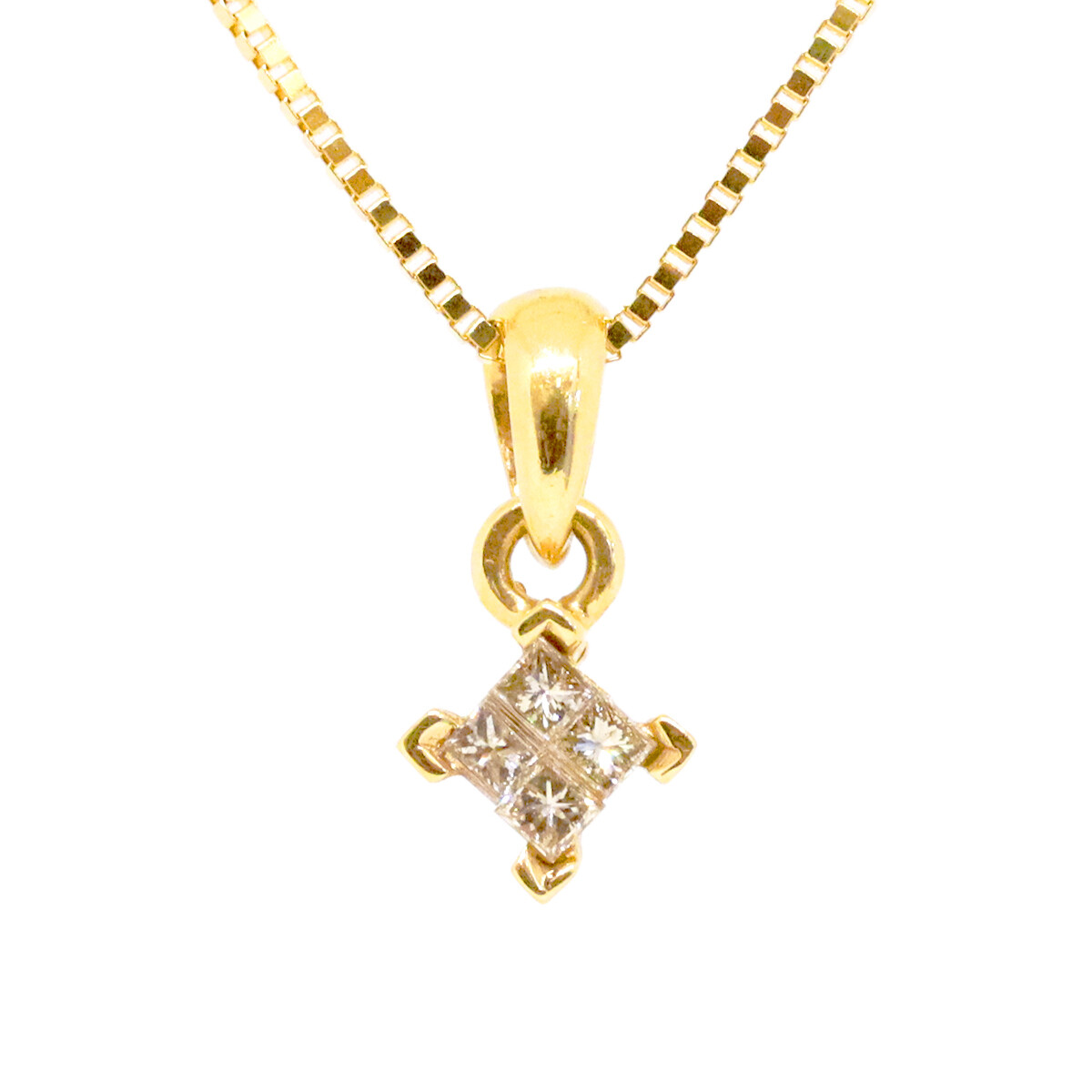 14KT Yellow Gold Four Princess Diamond Cluster Necklace