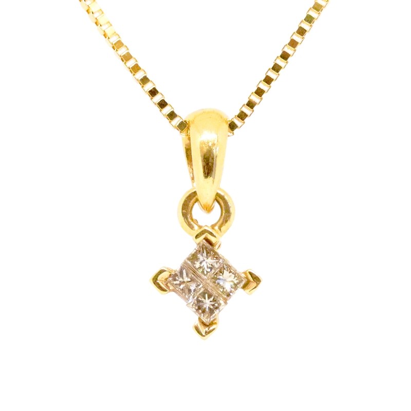 14KT Yellow Gold Four Princess Diamond Cluster Necklace