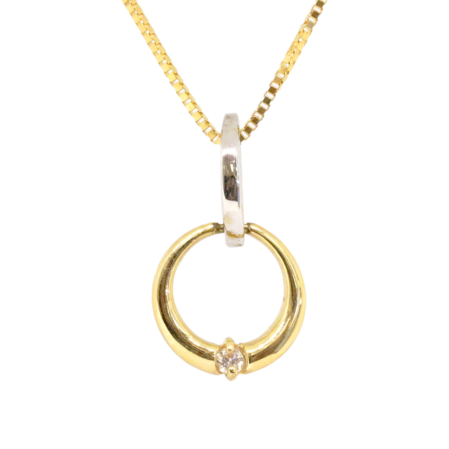 14KT TwoTone Single Diamond Circle Necklace