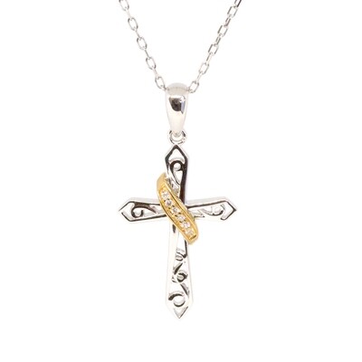 10KT TwoTone Gold Diamond Cross with Sash Necklace