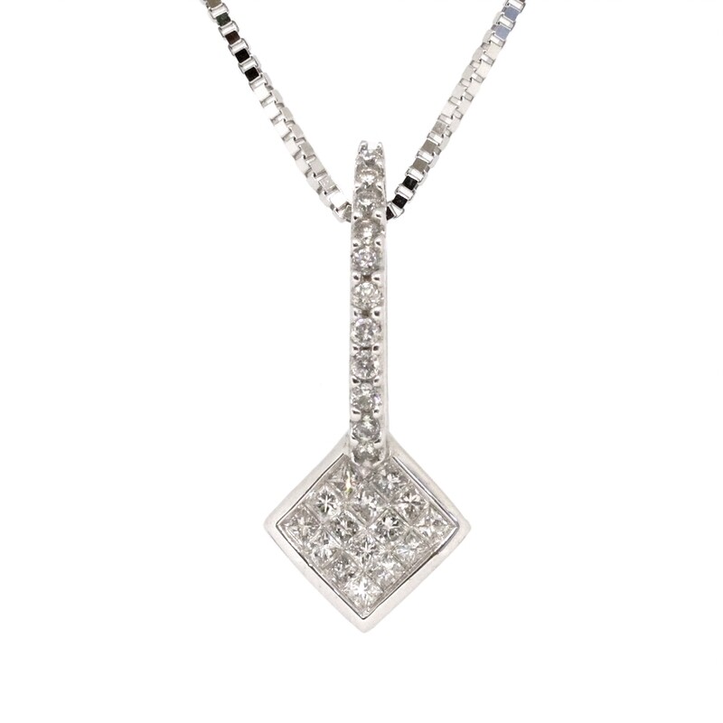 14KT White Gold Princess Diamond Cluster Necklace