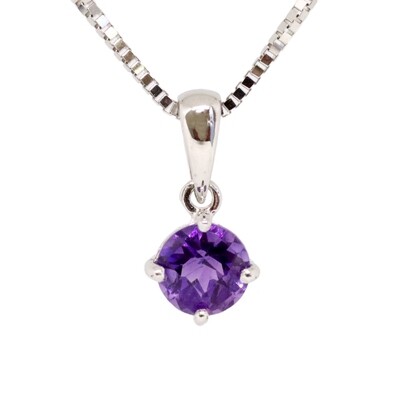 14KT White Gold Round Amethyst Solitaire Necklace