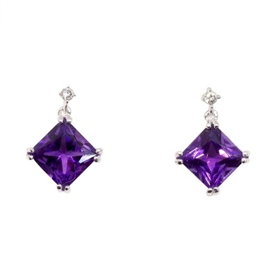 14KT White Gold Square Amethyst Diamond Accent Earrings