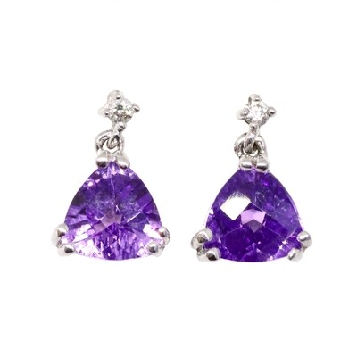 Silver Checkered Trillion Amethyst Diamond Accent Earrings