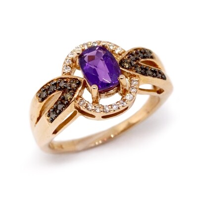 14KT Rose Gold Oval Amethyst with White and Chocolate Diamond Accents Ring