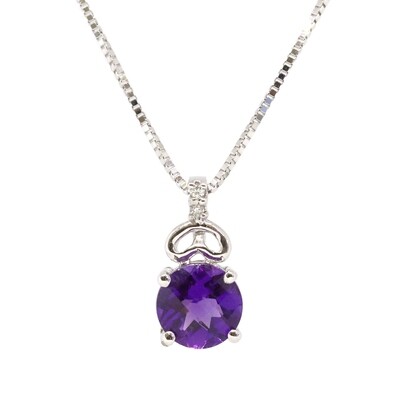 14KT White Gold Checkered Round Amethyst Two Diamond Accent Necklace
