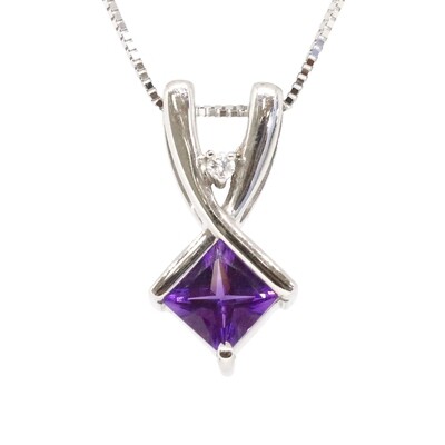 14KT White Gold Square Amethyst Single Diamond Accent Necklace