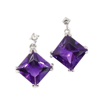 Silver Square Amethyst Diamond Accent Earrings