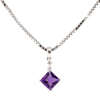 Silver Square Amethyst Diamond Accent Necklace
