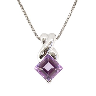 Silver Square Amethyst Diamond Accent Twist Necklace