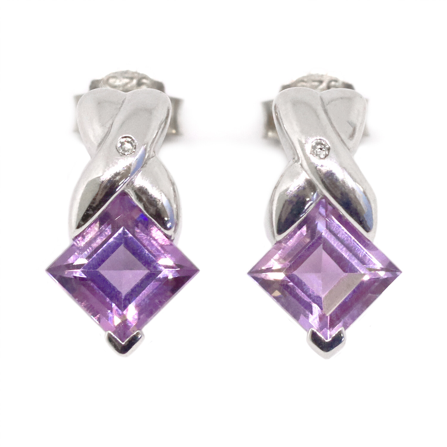 Silver Square Amethyst Diamond Accent Twist Earrings